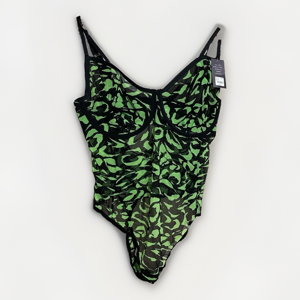 NWT CACIQUE Collection Seriously Sexy Black Lime Sheer Mesh Bodysuit 42DDD